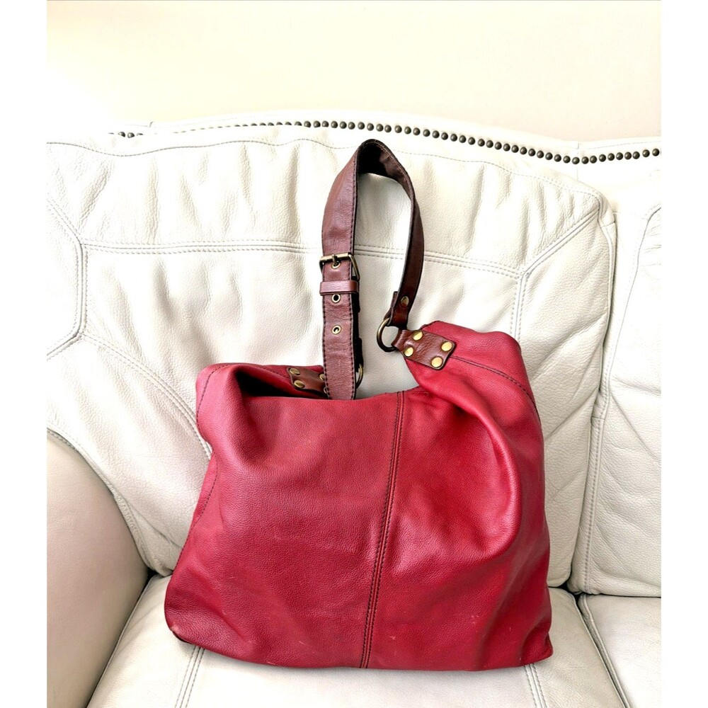 Vintage Lucky Brand Hobo Leather Bag Red Buckle Slouchy Boho Y2K